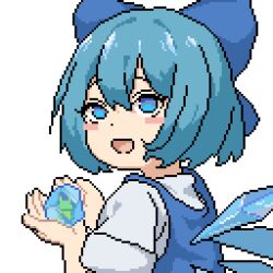 Rule 34 | 1girl, blue bow, blue dress, blue eyes, blue hair, blush stickers, bow, cirno, detached wings, dress, from behind, frozen frog, hair between eyes, hair bow, happy, ice, ice wings, looking at viewer, looking back, open mouth, pinafore dress, pixel art, shilaimu cankuai, shirt, short hair, short sleeves, simple background, sleeveless dress, solo, touhou, upper body, white background, white shirt, wings