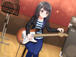 1girl bang_dream! black_hair black_jacket blue_pants blue_shirt blush brown_eyes cable commentary crusoe electric_guitar english_commentary fries_vanquisher guitar highres indoors instrument jacket long_sleeves medium_hair open_clothes open_jacket pants shirt sitting solo striped_clothes striped_shirt tsukishima_marina white_shirt