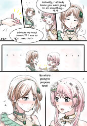 Rule 34 | ..., 2girls, alternate hairstyle, athyra, bang dream!, bang dream! it&#039;s mygo!!!!!, blush, bracelet, brown hair, chihaya anon, choker, closed eyes, closed mouth, commentary, earrings, embarrassed, english commentary, english text, fang, flower, green choker, hair bun, hair flower, hair ornament, highres, jewelry, jitome, long hair, multiple girls, nagasaki soyo, necklace, nervous sweating, one eye closed, open mouth, pink hair, sidelocks, single hair bun, sweat