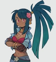 Rule 34 | 1girl, blue shirt, bracelet, breasts, cleavage, closed mouth, cropped shirt, dark-skinned female, dark skin, earrings, floral print, flower, freckles, gradient hair, green hair, hair flower, hair ornament, highres, jewelry, long hair, medium breasts, midriff, multicolored hair, nana (sui (suizilla)), navel, open clothes, open shirt, original, pink flower, ponytail, print shirt, red eyes, shirt, simple background, smile, smug, solo, sui (suizilla), white background