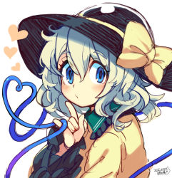 Rule 34 | 1girl, \m/, blouse, blue eyes, blush, bow, collar, dated, eyebrows, frilled shirt collar, frills, hair between eyes, hat, hat bow, heart, heart of string, iroyopon, komeiji koishi, looking at viewer, parted lips, shirt, short hair, signature, silver hair, simple background, sketch, solo, thick eyebrows, touhou, upper body, white background, wide sleeves, yellow shirt