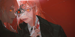 Rule 34 | 2girls, black jacket, black necktie, blood, blood on clothes, blood on face, braid, braided ponytail, broken mirror, chainsaw man, collared shirt, crack, cracked glass, different reflection, dual persona, eucharist (susukinoo), eyeball, film grain, highres, jacket, looking at another, looking at viewer, looking back, makima (chainsaw man), medium hair, mirror, multiple girls, necktie, orange eyes, parted lips, portrait, red background, red hair, reflection, ringed eyes, shirt, sidelocks, single braid, white shirt