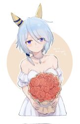 Rule 34 | 1girl, alternate costume, animal ears, arm garter, bare shoulders, blue hair, blush, bouquet, breasts, cleavage, closed mouth, collarbone, cropped torso, dated, dress, ear covers, flower, happy birthday, highres, holding, holding bouquet, horse ears, jewelry, k.s.miracle (umamusume), looking at viewer, medium hair, necklace, purple eyes, rose, saramiao-chan, small breasts, smile, solo, strapless, strapless dress, umamusume, upper body, white dress
