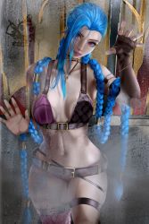 Rule 34 | absurdly long hair, against glass, belt, blue hair, braid, breast press, breasts, breasts on glass, glass, highres, jewelry, jinx (league of legends), league of legends, long hair, medium breasts, nail polish, navel, necklace, orca huang, pink eyes, pink lips, twin braids, very long hair