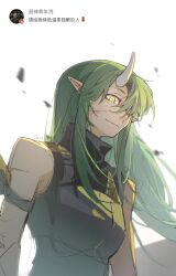 Rule 34 | 1girl, arknights, black shirt, chinese text, closed mouth, commentary, dust, green hair, highres, horns, hoshiguma (arknights), long hair, pointy ears, scar, scar on arm, scar on face, shirt, simple background, single horn, sleeveless, sleeveless shirt, smile, solo, symbol-only commentary, translation request, upper body, white background, yanlingjinshilihuahua