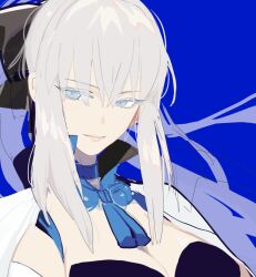 Rule 34 | 1girl, black bow, blue background, blue choker, blue eyes, bow, breasts, choker, cleavage, closed mouth, fate/grand order, fate (series), grey hair, hair between eyes, hair bow, juer1004, lips, long hair, looking at viewer, medium breasts, morgan le fay (fate), pink lips, ponytail, sidelocks, simple background, smile, solo, upper body, very long hair