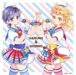 Rule 34 | 2boys, aged down, black hair, blonde hair, blue eyes, character name, closed mouth, commentary request, crossdressing, dual persona, frilled skirt, frills, giorno giovanna, grm jogio, hand up, haruno shiobana, hat, holding, holding hands, holding microphone, jojo no kimyou na bouken, long hair, looking at viewer, male focus, microphone, multicolored clothes, multicolored skirt, multiple boys, sailor collar, short hair, short sleeves, skirt, thighhighs, vento aureo, yellow eyes
