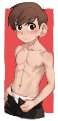 Rule 34 | 1boy, blush, brown hair, chilchuck tims, closed mouth, cowboy shot, dungeon meshi, highres, large ears, male focus, navel, nipples, pants, short hair, solo, tama! (lazyturtle), topless male