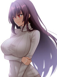 Rule 34 | 1girl, breasts, closed mouth, commentary request, engo (aquawatery), fate/grand order, fate (series), holding own arm, large breasts, long hair, long sleeves, purple hair, red eyes, scathach (fate), simple background, smile, solo, sweater, turtleneck, turtleneck sweater, upper body, very long hair, white background, white sweater