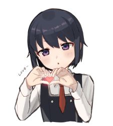 Rule 34 | 1girl, :o, black hair, black vest, buttons, collared shirt, cropped torso, english text, hai bokusha, heart, heart hands, highres, long sleeves, looking at viewer, mole, mole under eye, necktie, parted lips, purple eyes, red necktie, school girl strikers, shirt, short hair, simple background, solo, sumihara satoka, upper body, vest, white background, white shirt