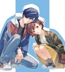 Rule 34 | 1boy, 1girl, absurdres, bag, black shirt, blue eyes, blue hair, blue pants, brown hair, commentary, hair ornament, hair over one eye, hairclip, highres, jacket, long sleeves, open clothes, open jacket, pants, parted lips, persona, persona 3, persona 3 portable, ponytail, red eyes, shiomi kotone, shirt, shoes, simple background, skirt, sneakers, socks, squatting, symbol-only commentary, tsubsa syaoin, two-tone background, yellow skirt, yuuki makoto (persona 3)