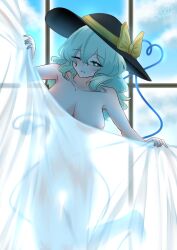 1girl absurdres black_hat blue_sky bow cloud collarbone commentary curtains english_commentary green_eyes green_hair hat hat_bow heart heart_of_string highres komeiji_koishi nude one_eye_closed outdoors see-through sky solo third_eye touhou variant_set window xen0moonz yellow_bow