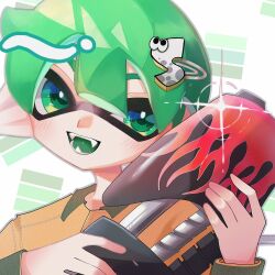 Rule 34 | 1boy, commentary, glint, green eyes, green hair, gun, highres, holding, holding gun, holding weapon, icebo x x, inkling, inkling boy, inkling player character, male focus, nintendo, open mouth, pointy ears, range blaster (splatoon), short hair, smile, solo, splatoon (series), splatoon 3, teeth, tentacle hair, upper body, weapon, white background