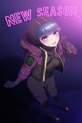 Rule 34 | 1girl, absurdres, animification, apex legends, black choker, black footwear, black gloves, black jacket, blue eyes, blue hair, blush, bodysuit, boots, chest harness, chin piercing, choker, english text, from above, gloves, grey bodysuit, harness, highres, hood, hood down, hooded jacket, jacket, knee pads, leaning forward, lightning bolt symbol, looking at viewer, looking up, milmil7, multicolored clothes, multicolored jacket, official alternate costume, parted lips, purple jacket, purple lips, ribbed bodysuit, smile, solo, static specter wattson, studded choker, two-tone jacket, underbust, wattson (apex legends)