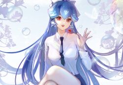 Rule 34 | 1girl, absurdres, alternate costume, bao (vtuber), black necktie, blue hair, blue nails, blue skirt, breasts, bubble, bug, butterfly, candy, chinese commentary, collared shirt, crossed legs, flower, food, head tilt, highres, holding, holding candy, holding food, holding lollipop, indie virtual youtuber, insect, lollipop, long hair, medium breasts, necktie, open mouth, plant, shan lan, shirt, shirt tucked in, sitting, skirt, smile, solo, very long hair, virtual youtuber, white shirt