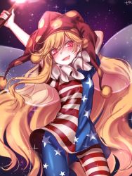 Rule 34 | 1girl, american flag dress, american flag legwear, arm behind head, arms up, blonde hair, blush, clownpiece, cowboy shot, dress, fairy wings, fangs, fire, hat, highres, holding, jester cap, long hair, looking at viewer, neck ruff, pantyhose, red eyes, short dress, smile, solo, standing, star (symbol), star print, striped, tis (shan0x0shan), torch, touhou, tsurime, very long hair, wings