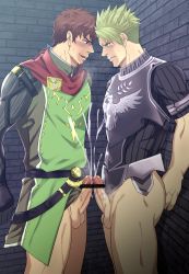 Rule 34 | 2boys, achilles (fate), against wall, armor, blonde hair, blush, bottomless, brown hair, censored, cum, ejaculation, erection, facial hair, fate (series), frottage, grin, hector (fate), highres, izukonohito, male focus, multiple boys, naughty face, orgasm, penis, pubic hair, smile, steam, sweat, testicles, yaoi