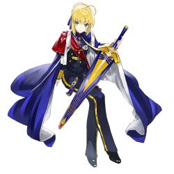 Rule 34 | 1girl, absurdres, ahoge, alternate costume, artoria pendragon (all), artoria pendragon (fate), avalon (fate/stay night), blonde hair, blue ribbon, cape, closed mouth, crossed legs, excalibur (fate/stay night), fate/stay night, fate (series), green eyes, highres, holding, holding sword, holding weapon, kou mashiro, long hair, long sleeves, looking at viewer, military, military uniform, ribbon, saber (fate), sash, sheath, sidelocks, simple background, smile, solo, sword, uniform, weapon, white background