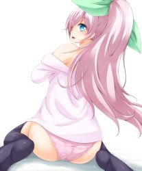 Rule 34 | 1girl, ass, bare shoulders, blue eyes, blue thighhighs, chro, hair ribbon, long hair, looking back, off shoulder, open mouth, original, panties, pink hair, pink panties, ponytail, ribbon, solo, thighhighs, underwear