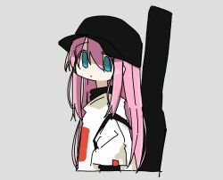 Rule 34 | 1girl, alternate costume, baseball cap, black hat, blue eyes, bocchi the rock!, closed mouth, commentary, cropped torso, dot mouth, expressionless, gotoh hitori, grey background, hair between eyes, hat, highres, instrument case, instrument on back, long hair, looking at viewer, pink hair, shirt, simple background, solo, tokiwa (914), upper body, white shirt
