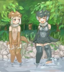 Rule 34 | 10s, 2girls, :d, ^ ^, animal ears, artist request, bare shoulders, blush, brown gloves, brown hair, brown legwear, closed eyes, commentary, day, elbow gloves, closed eyes, fingerless gloves, forest, gloves, grass, grey gloves, grey hair, grey legwear, japanese otter (kemono friends), kemono friends, looking at another, multicolored hair, multiple girls, nature, one-piece swimsuit, open mouth, otter ears, otter tail, outdoors, short hair, sitting, small-clawed otter (kemono friends), smile, soaking feet, splashing, swimsuit, tail, thighhighs, toeless legwear, toes, tree, two-tone hair, water, white hair