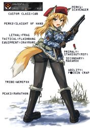 Rule 34 | 1girl, animal ears, ass, bad anatomy, bad id, bad pixiv id, beret, black pantyhose, blonde hair, call of duty, call of duty: black ops, censored, censored text, crotch seam, dakku (ogitsune), english text, engrish text, fang, fox ears, fox tail, full body, gun, hat, ithaca stakeout, legs apart, military, military uniform, mole, mole under eye, panties, panties under pantyhose, pantyhose, profanity, ranguage, scar, shotgun, solo, standing, strike witches, tail, thighband pantyhose, underwear, uniform, weapon, world witches series
