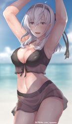 Rule 34 | 1girl, armpits, arms up, beach, bikini, black bikini, black headband, blue eyes, breasts, cleavage, cloud, cloudy sky, collarbone, commentary, cowboy shot, day, edwin (cyberdark impacts), english commentary, front-tie top, hachimaki, hair between eyes, headband, kantai collection, large breasts, miniskirt, navel, ocean, outdoors, see-through, silver hair, skirt, sky, solo, suzutsuki (kancolle), swimsuit