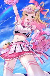 Rule 34 | 1girl, absurdres, arm garter, arm up, armpits, bare shoulders, black bra, blonde hair, blue sky, blush, bow, bow skirt, bra, bra peek, breasts, character doll, cheerleader, choker, clothes writing, colored inner hair, crop top, crop top overhang, diagonal bangs, facial mark, fang, frilled choker, frilled sash, frilled skirt, frills, gradient hair, green eyes, hat, highres, holding, holding pom poms, hololive, jumping, layered skirt, lens flare, long hair, looking at viewer, medium breasts, midriff, miniskirt, momosuzu nene, momosuzu nene (cheerleader), multicolored hair, navel, nekko (momosuzu nene), official alternate costume, one side up, open mouth, pink choker, pink hair, pink hat, pink sash, pink skirt, pleated skirt, pom pom (cheerleading), pom poms, runlan 0329, sash, sideways hat, single hair ring, skirt, sky, solo, tank top, thighhighs, underwear, upshirt, virtual youtuber, visor cap, waist bow, white tank top, white thighhighs