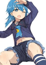 Rule 34 | 1girl, alchera, asymmetrical hair, blouse, blue eyes, blue hair, blue necktie, blue shirt, blue shorts, commentary request, crescent, crescent pin, fang, feet out of frame, frilled shorts, frills, kantai collection, kneehighs, minazuki (kancolle), navel, necktie, one-hour drawing challenge, one eye closed, school uniform, serafuku, shirt, short hair with long locks, shorts, simple background, socks, solo, white background