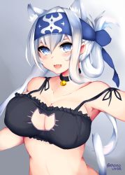 Rule 34 | 10s, 1girl, animal ears, armpits, bandana, bell, neck bell, black bra, blue eyes, bra, breasts, cat cutout, cat ear panties, cat ears, cat lingerie, cat tail, choker, cleavage, cleavage cutout, clothing cutout, folded ponytail, frilled bra, frills, headband, jingle bell, kamoi (kancolle), kantai collection, kemonomimi mode, large breasts, lingerie, long hair, looking at viewer, meme attire, navel, open mouth, panties, sidelocks, silver hair, tail, thick eyebrows, underwear, underwear only, upper body