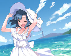 Rule 34 | 1girl, 4410 (kanimiso), armpits, arms up, bare shoulders, blue hair, blush, bow, cloud, cloudy sky, collarbone, day, dot nose, dress, dress bow, forest, frilled dress, frills, hat, highres, holding, holding clothes, holding hat, idolmaster, idolmaster million live!, idolmaster million live! theater days, looking at viewer, mountain, nanao yuriko, nature, ocean, one eye closed, open mouth, short hair, sky, smile, solo, white dress, white hat, yellow eyes