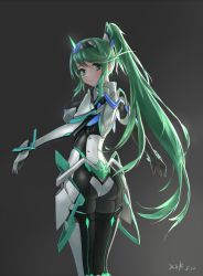 Rule 34 | 1girl, armor, ass, blush, breasts, dated, female focus, green eyes, green hair, hair between eyes, highres, large breasts, legs together, long hair, matching hair/eyes, nintendo, pneuma (xenoblade), ponytail, smile, solo, spoilers, standing, very long hair, xenoblade chronicles (series), xenoblade chronicles 2