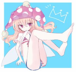 Rule 34 | 1girl, american flag bikini, american flag print, bare legs, barefoot, bikini, blonde hair, clothes lift, clownpiece, commentary request, fairy wings, flag print, flat chest, front-tie top, full body, hat, highres, jester cap, lifted by self, long hair, mouth hold, nagi (nagito), polka dot, print bikini, red eyes, shirt, shirt lift, solo, star (symbol), star print, striped, swimsuit, touhou, wavy hair, white shirt, wings