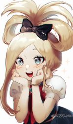 Rule 34 | 1girl, :d, alternate hairstyle, artist name, barry nah, black bow, blush, bow, bowtie, bracelet, danganronpa (series), danganronpa 2: goodbye despair, gem, grey eyes, hair bow, hair rings, hair up, hands up, highres, jewelry, open mouth, puffy short sleeves, puffy sleeves, red bow, red bowtie, short sleeves, simple background, smile, solo, sonia nevermind, sparkle, upper body