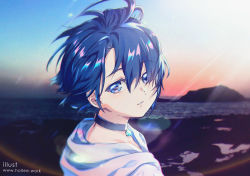 Rule 34 | 1boy, androgynous, black choker, blue eyes, blue hair, choker, eyes visible through hair, glint, hood, hood down, interstys: battle frontier, jewelry, kaze-hime, looking at viewer, looking back, male focus, outdoors, parted lips, pendant, portrait, short hair, solo, watermark, web address