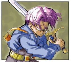 Rule 34 | belt, blue eyes, blue jacket, dragon ball, fighting stance, highres, incoming attack, jacket, looking at viewer, purple hair, serious, sword, tagme, trunks (dragon ball), trunks (future) (dragon ball), weapon, yellow belt