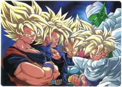 Rule 34 | 1990s (style), 5boys, armor, blonde hair, cape, card (medium), clenched hand, colored skin, crossed arms, dougi, dragon ball, dragonball z, father and son, feet out of frame, green skin, highres, jacket, looking at viewer, multiple boys, muscular, muscular male, namekian, official art, open clothes, open jacket, piccolo, pointy ears, retro artstyle, saiyan, scan, short sleeves, son gohan, son goku, space, spiked hair, super saiyan, super saiyan 1, trunks (dragon ball), turban, vegeta, widow&#039;s peak, wristband
