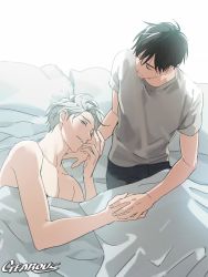Rule 34 | 2boys, artist name, backlighting, bed, bed sheet, black hair, blue eyes, collarbone, commentary, closed eyes, fingernails, from above, gearous, grey hair, grey shirt, half-closed eyes, holding hands, highres, katsuki yuuri, light smile, looking away, lying, male focus, multiple boys, on bed, on side, pants, pillow, shaded face, shirt, topless male, simple background, sitting, smile, symbol-only commentary, viktor nikiforov, white background, yaoi, yuri!!! on ice