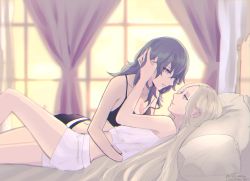 Rule 34 | 2girls, arm behind back, ass, asymmetrical docking, bed, blue eyes, blue hair, bra, breast press, breasts, byleth (female) (fire emblem), byleth (fire emblem), collar, collarbone, curtains, cushion, edelgard von hresvelg, eye contact, face-to-face, fire emblem, fire emblem: three houses, hand in another&#039;s hair, hug, imminent kiss, large breasts, leg up, long hair, looking at another, messy hair, midriff, multiple girls, neck, nintendo, on bed, parted bangs, parted lips, purple eyes, shirt, short shorts, shorts, sleeveless, sleeveless shirt, small breasts, smile, sports bra, strap slip, tank top, twitter username, underwear, white hair, white shirt, window, yukiyanagi raki, yuri