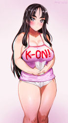 Rule 34 | 1girl, aged up, akiyama mio, alternate breast size, black hair, blush, breasts, camisole, cleavage, clothes writing, curvy, grey eyes, highres, holding, holding paper, k-on!, keigi, large breasts, legs together, long hair, no bra, paper, pink camisole, see-through, see-through shirt, short shorts, shorts, solo, spaghetti strap, standing, thick eyebrows, white background, white shorts