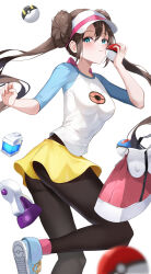 Rule 34 | 1girl, aqua eyes, ass, bag, black pantyhose, blue footwear, blush, breasts, brown hair, commentary request, creatures (company), dawon, double bun, game freak, great ball, hair bun, highres, holding, holding poke ball, long hair, looking at viewer, medium breasts, miniskirt, nintendo, pantyhose, poke ball, poke ball (basic), pokemon, pokemon bw2, potion (pokemon), raglan sleeves, rosa (pokemon), shirt, shoes, simple background, skirt, solo, standing, standing on one leg, twintails, ultra ball, very long hair, visor cap, white background, white shirt, yellow skirt