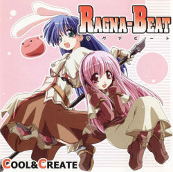 Rule 34 | 2000s (style), 2girls, :3, acolyte (ragnarok online), album cover, blue hair, blush, brown footwear, brown gloves, brown legwear, brown shirt, brown skirt, capelet, commentary request, cool&amp;create, cover, full body, gloves, green eyes, headphones, kasuga shun, long hair, long sleeves, looking at viewer, mikage (curry berg dish), multiple girls, open mouth, pantyhose, pink hair, poring, ragnarok online, red eyes, shirt, shoes, skirt, slime (creature), smile, swordsman (ragnarok online), white capelet, white gloves, white shirt, white skirt