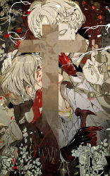 Rule 34 | 1boy, blood, blood on face, blood on hands, broken statue, brown eyes, crack, cross, cross necklace, grey hair, hammer, hand on another&#039;s face, hand on another&#039;s head, highres, hiranko, holding, holding hammer, jacket, jewelry, looking at another, male focus, necklace, open clothes, open jacket, original, plant, shirt, short hair, smile, smoke trail, smoking, statue, white hair, white shirt