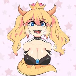 Rule 34 | 1girl, armlet, bare shoulders, blonde hair, blue eyes, bowsette, breasts, bright pupils, brown horns, collar, drooling, halftone, heart, heart-shaped pupils, highres, horns, humanization, large breasts, long hair, mario (series), nagamimis, new super mario bros. u deluxe, nintendo, open mouth, saliva, scales, sharp teeth, smile, solo, spiked armlet, spiked collar, spikes, star (symbol), super crown, symbol-shaped pupils, tail, teeth, tongue, tongue out, twintails, upper body, white pupils