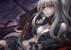 Rule 34 | 10s, 1girl, aircraft carrier princess, arm support, bare shoulders, colored skin, elbow gloves, gloves, glowing, glowing eyes, kaizeru, kantai collection, long hair, lying, parted lips, red eyes, solo, turret, white hair, white skin
