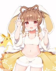 Rule 34 | 1girl, :d, alternate costume, animal ears, blunt bangs, bow-shaped hair, braid, brown eyes, brown hair, collarbone, commentary request, detached sleeves, fake animal ears, genshin impact, hair ornament, hairclip, long hair, looking at viewer, navel, open mouth, rabbit ears, short shorts, short sleeves, shorts, sidelocks, simple background, smile, solo, stomach, stuffed animal, stuffed rabbit, stuffed toy, tutsucha illust, waving, white background, white shorts, yaoyao (genshin impact), yuegui (genshin impact)
