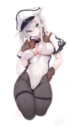 Rule 34 | 1girl, absurdres, adapted costume, black pantyhose, blonde hair, blue eyes, blush, breasts, brown gloves, capelet, closed mouth, cowboy shot, cropped legs, gloves, graf zeppelin (kancolle), hair between eyes, hand on own hip, hat, highres, kantai collection, large breasts, leotard, long hair, one-hour drawing challenge, pantyhose, peaked cap, ryo (tg290), sidelocks, simple background, solo, thighs, twintails, white background, white hat, white leotard