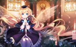 Rule 34 | 1girl, blonde hair, blue eyes, bow, candle, church, fuyouchu, hat, highres, long hair, looking at viewer, magi in wanchin basilica, nun, original, own hands clasped, own hands together, smile, solo, very long hair, white legwear, xiao ma