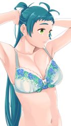 Rule 34 | 1girl, absurdres, adjusting hair, antenna hair, armpits, arms up, bra, breasts, collarbone, eyebrows, green eyes, green hair, highres, irako (kancolle), kantai collection, long hair, medium breasts, navel, ojipon, simple background, solo, thick eyebrows, tying hair, underwear, upper body, white background, white bra