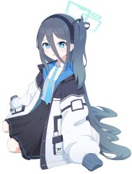 Rule 34 | 1girl, absurdly long hair, absurdres, aris (blue archive), black hair, black hairband, black skirt, blue archive, blue eyes, blue necktie, blush, collared shirt, green halo, hairband, halo, highres, icetea (8862), jacket, long hair, looking at viewer, necktie, one side up, open clothes, open jacket, parted lips, pleated skirt, ringed eyes, shirt, simple background, skirt, sleeves past fingers, sleeves past wrists, solo, very long hair, white background, white jacket, white shirt